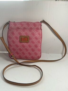 Guess~Dainty~Two-Tone Pink~Faux Leather~Monogram~Adjustable Strap~Crossbody Bag
